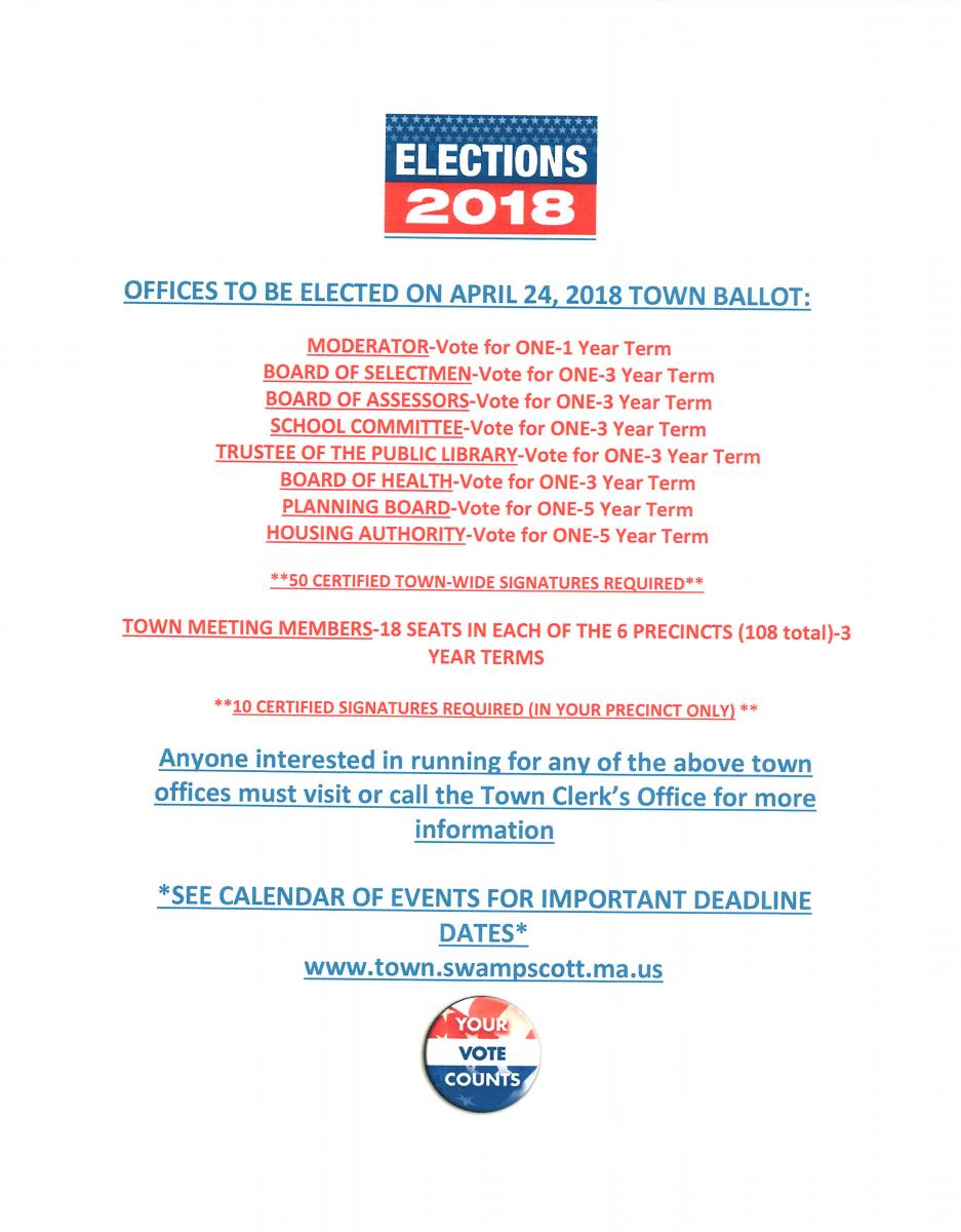 Offices to be Elected on April 24, 2018 Town Election ballot