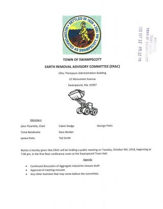 Earth Removal Advisory Committee October 9,, 2018 meeting