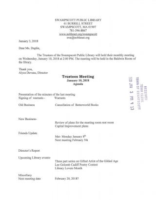 Public Library Trustees January 10, 2018 meeting notice