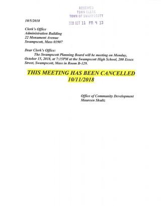 Planning Board October 15, 2018 meeting Canceled