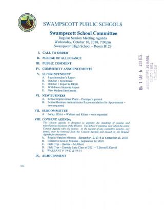 School Committee October 10, 2018 meeting