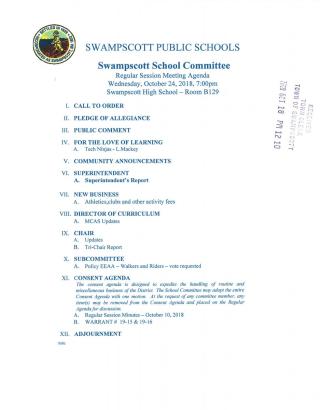 School Committee October 24, 2018 Regular session meeting