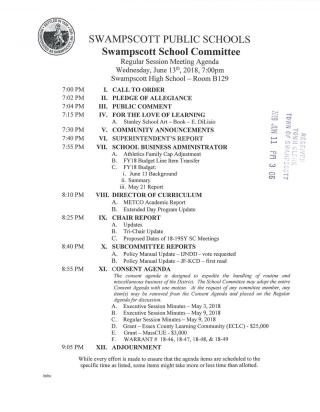 School Committee June 13, 2018 Regular Session