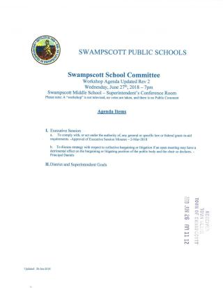 School Committee June 27, 2018 meeting
