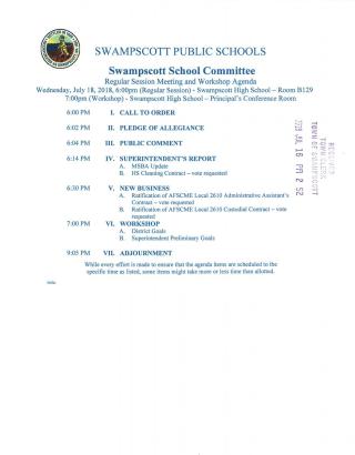 School Committee July 18, 2018 meeting