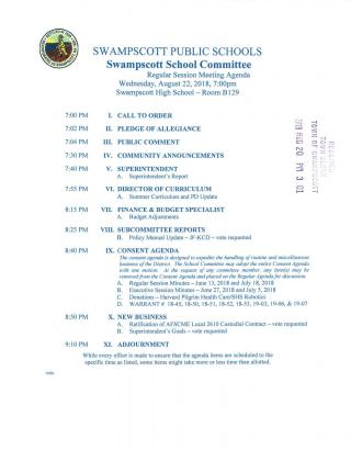 School Committee August 22, 2018 meeting