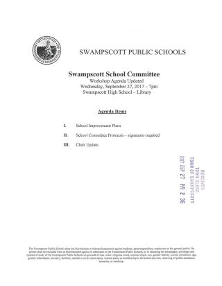 School Committee September 27, 2017 revised notice