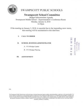 School Budget Subcommittee January 8, 2018 notice