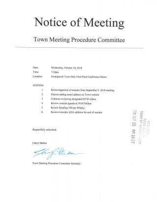 Town Meeting Procedure Committee October 24, 2018 meeting