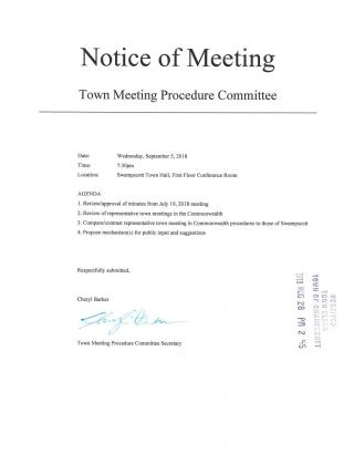 Town Meeting Procedure Committee September 5, 2018 meeting