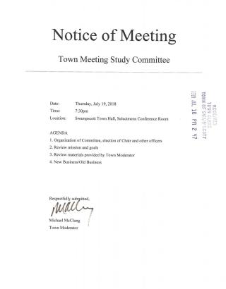 Town Meeting Study Committee July 19, 2018 meeting